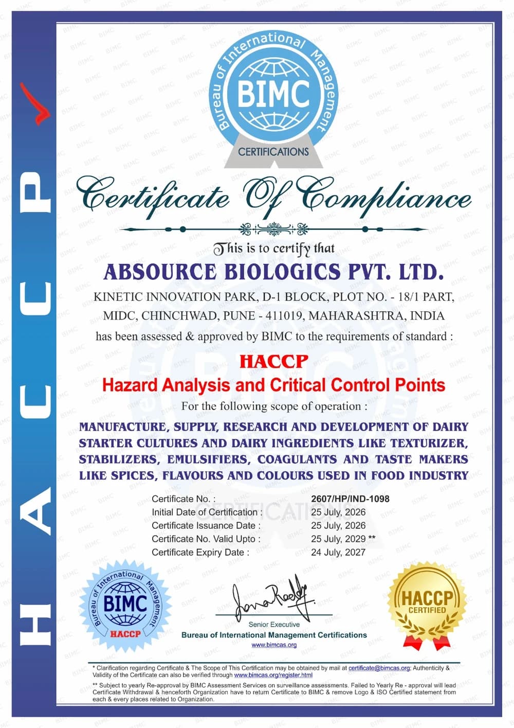HACCP certificate issued to ABsource Biologics