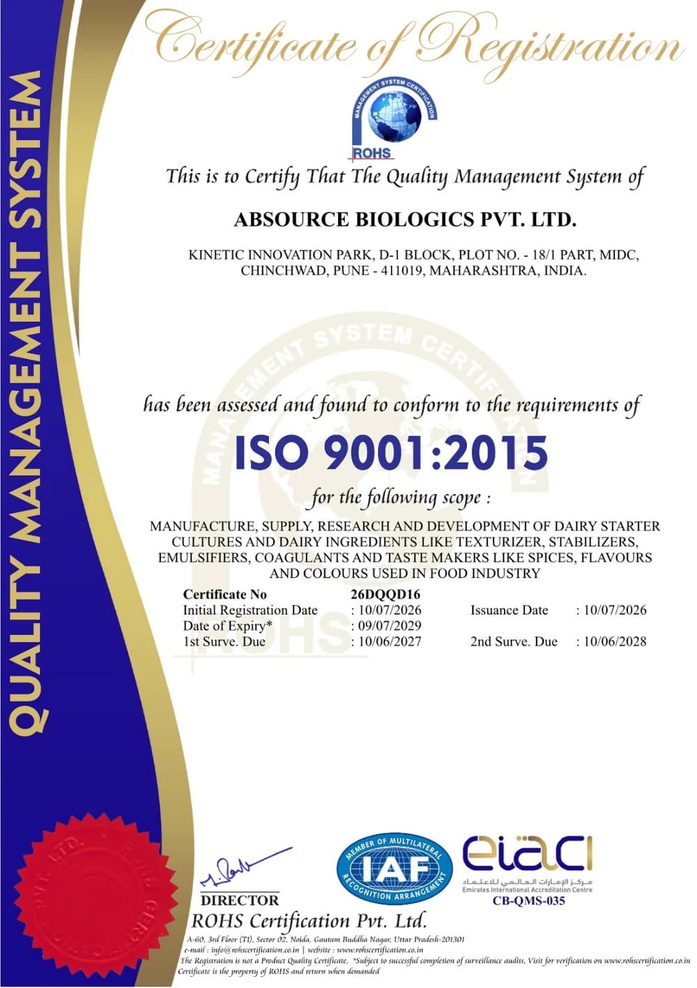 ISO 9001:2015 certificate issued to ABsource Biologics