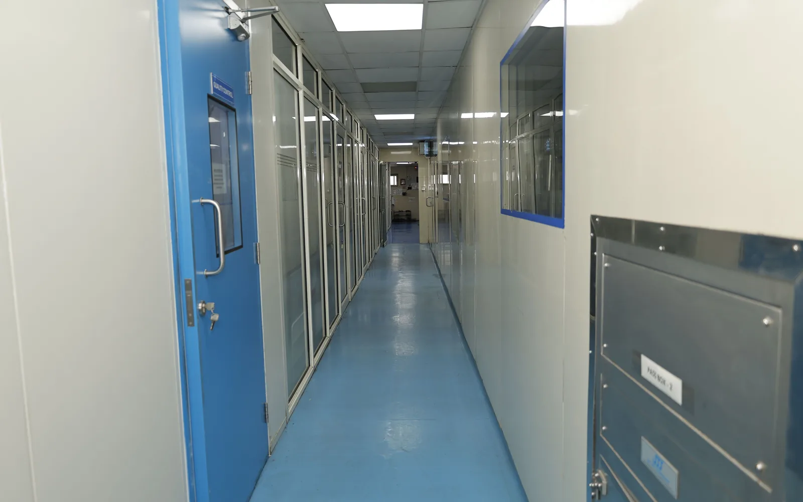 The clean-room corridor at the ABsource plant in Chinchwad