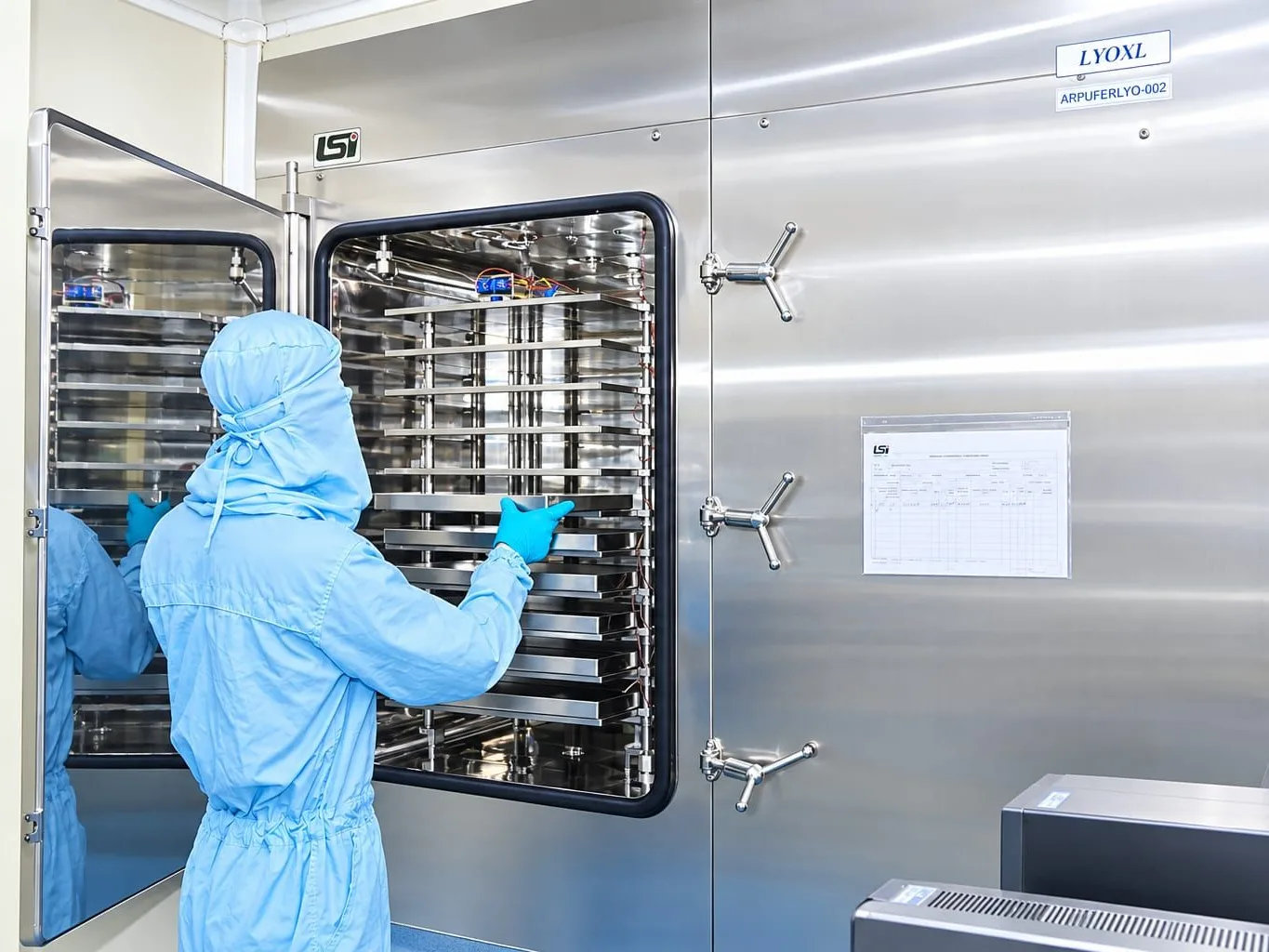 An operator loading trays into the freeze dryer